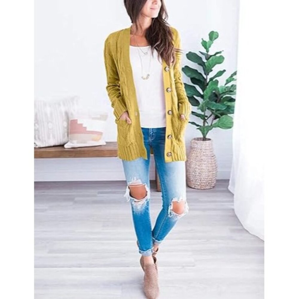 Fashion Women Cardigan Sweaters Long Sleeve Open Front Button Cable Knit  Size L